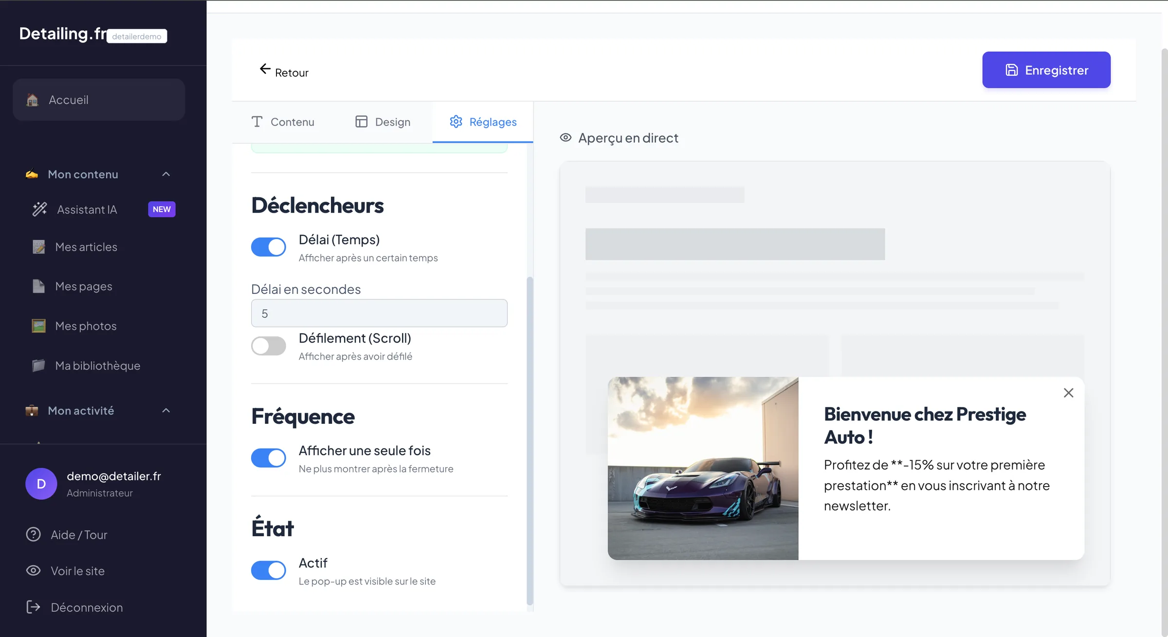 Constructeur de popups : déclencheurs, fréquence et aperçu en direct.