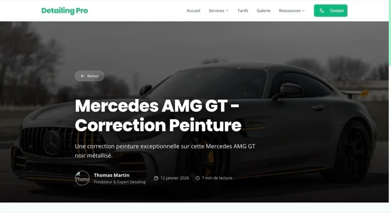 Article de blog « Mercedes AMG GT — Correction peinture » d'un site de démonstration.