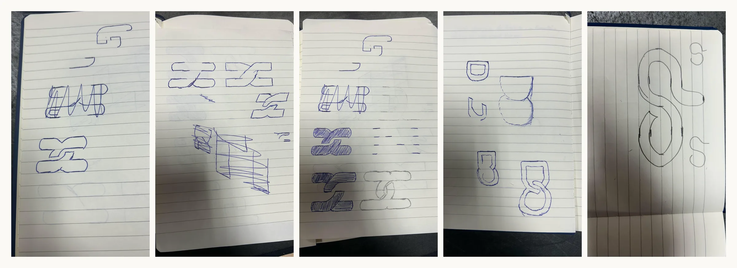 Cinq pages de carnet : recherches au stylo sur l'entrelacement des lettres d et o, et sur une boucle continue.