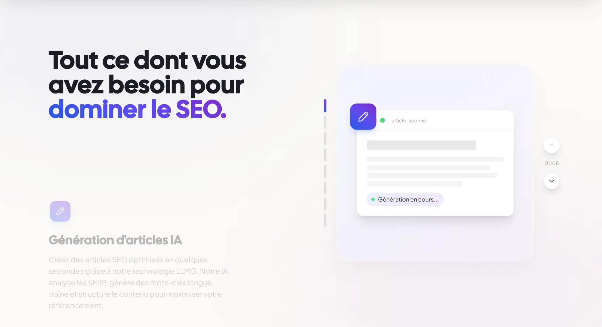 Section fonctionnalités du site : « Tout ce dont vous avez besoin pour dominer le SEO ».