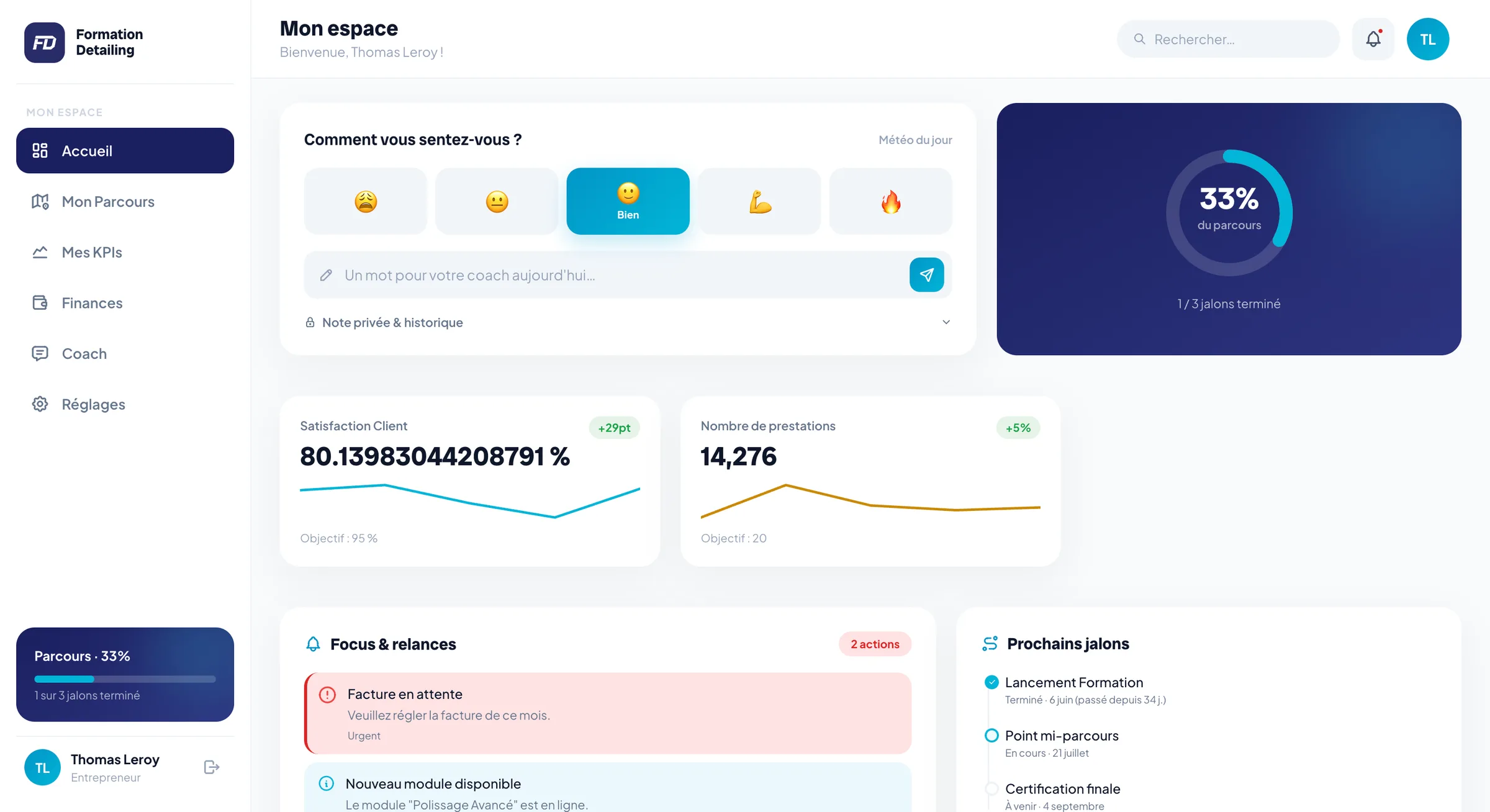 Espace stagiaire de FD Pilot : météo du jour, progression du parcours, indicateurs et relances.