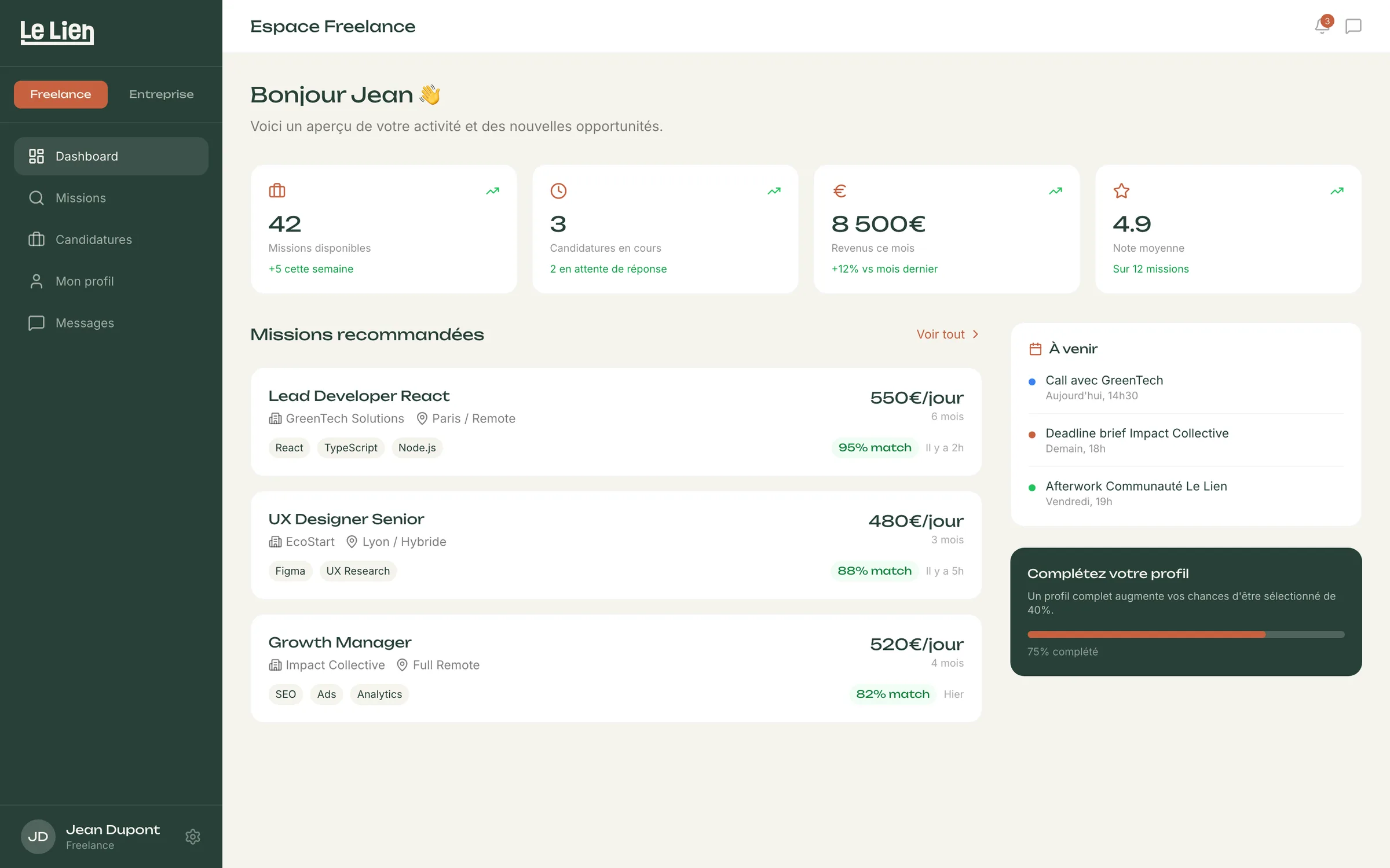 Espace freelance : missions recommandées avec taux de correspondance, statistiques et agenda.
