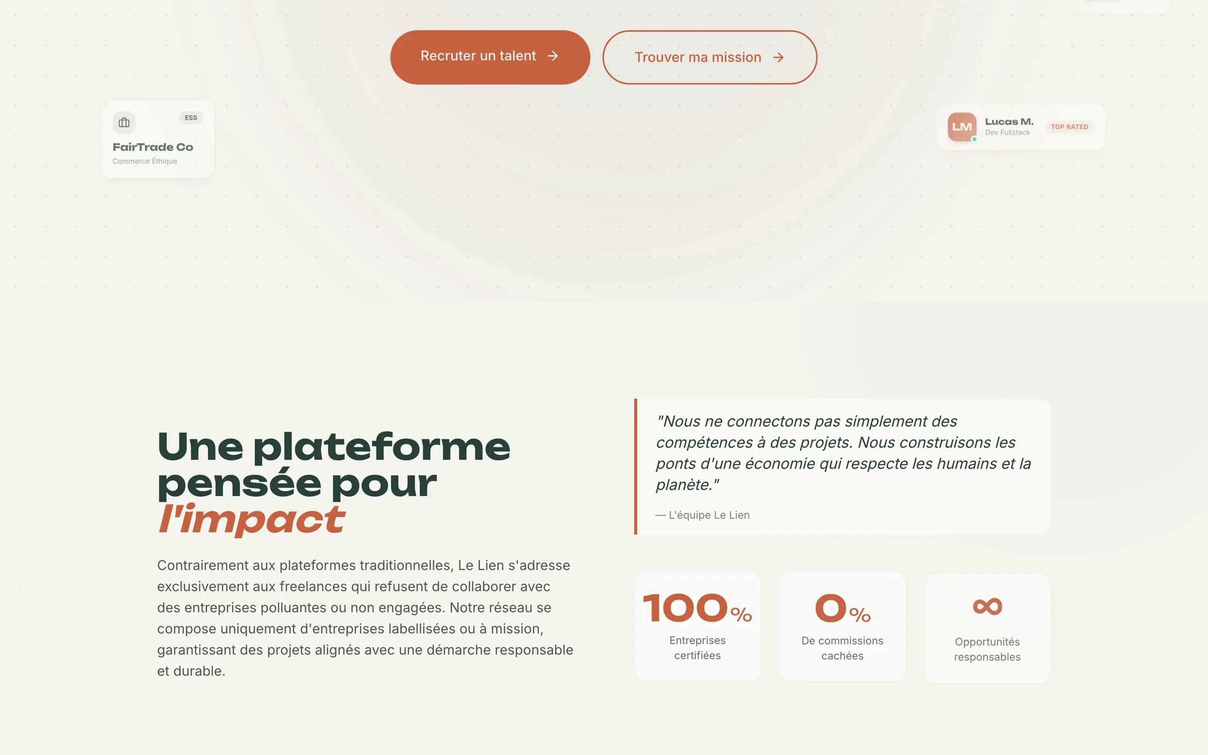 Section « Une plateforme pensée pour l'impact » : 100 % d'entreprises certifiées, 0 % de commission cachée.