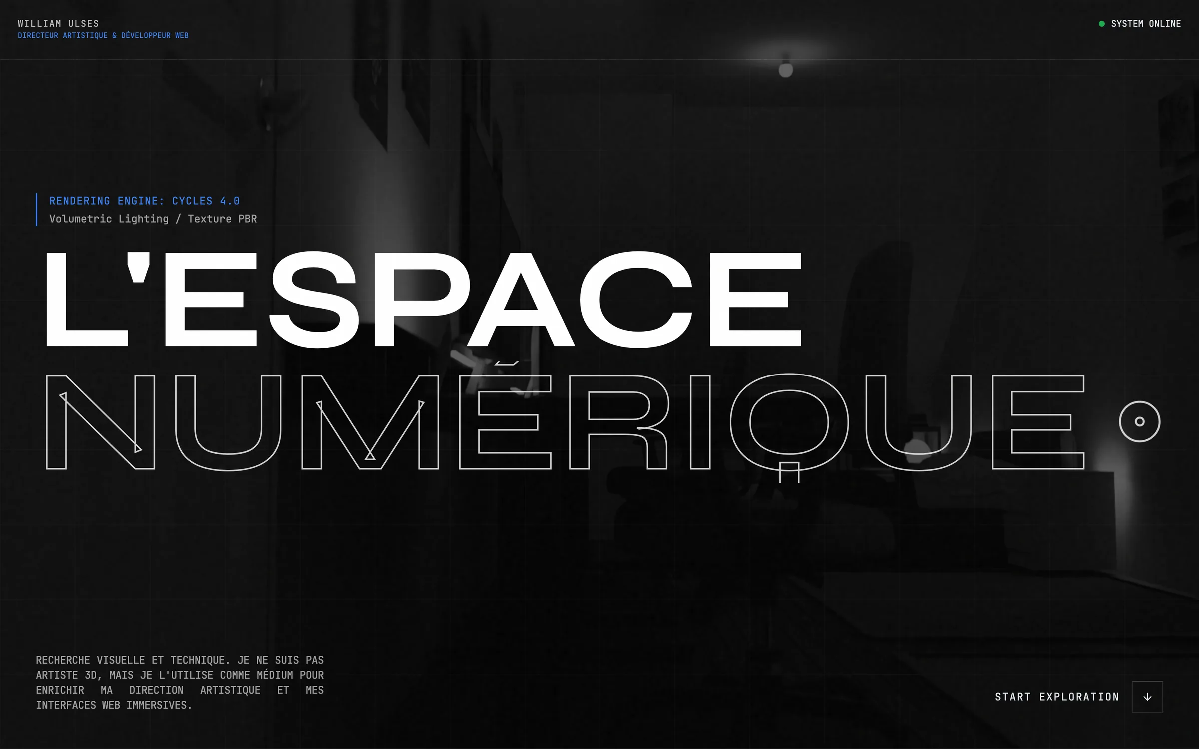 Accueil du site « L'espace numérique » : grand titre blanc sur fond noir, informations de rendu.