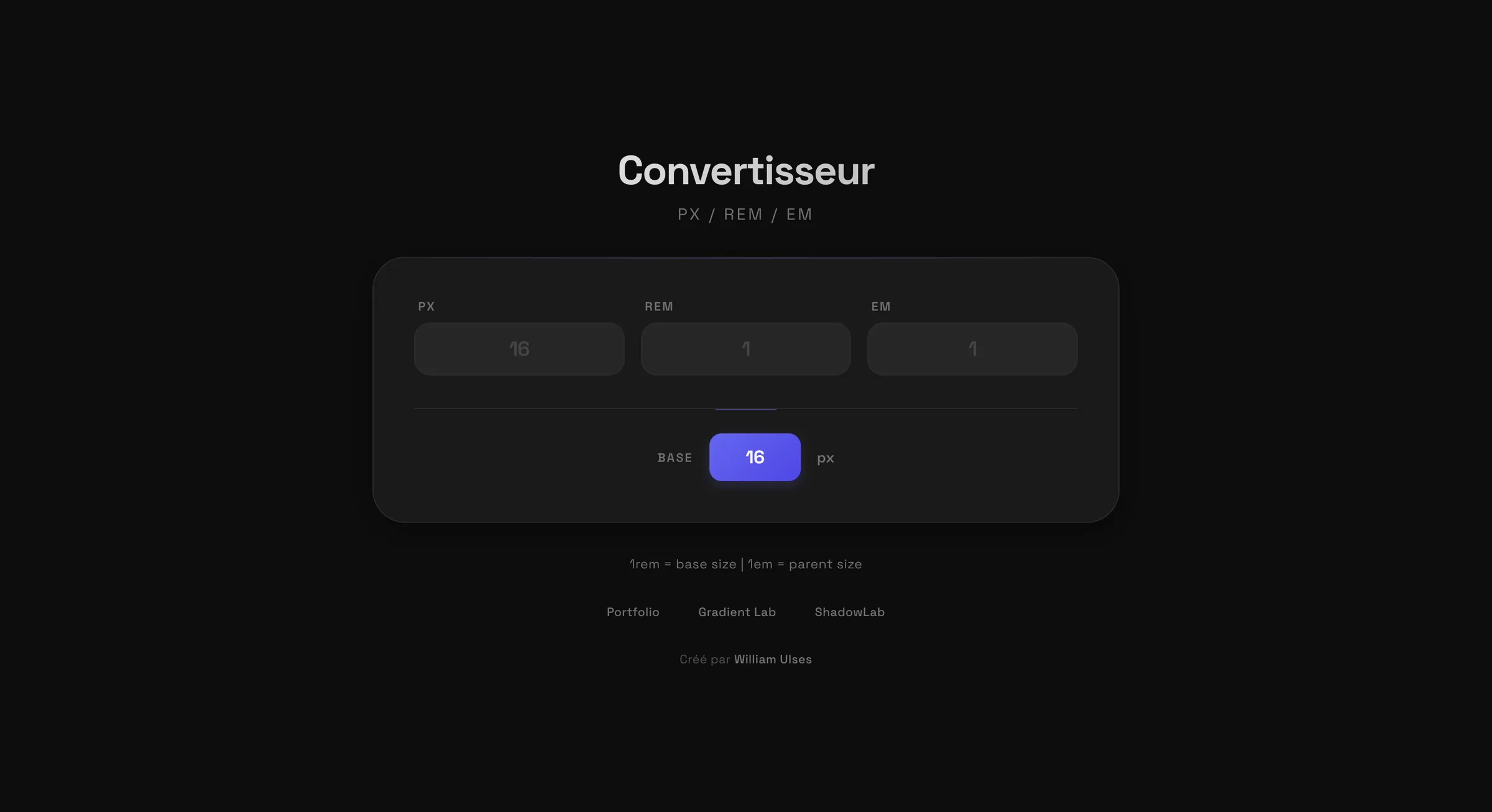 Interface sombre du convertisseur : trois champs px, rem et em et un réglage de la taille de base.