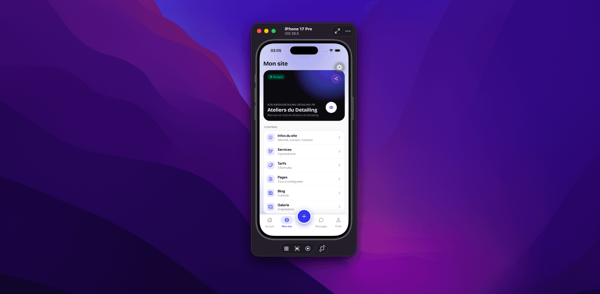 Page de réglages site APP