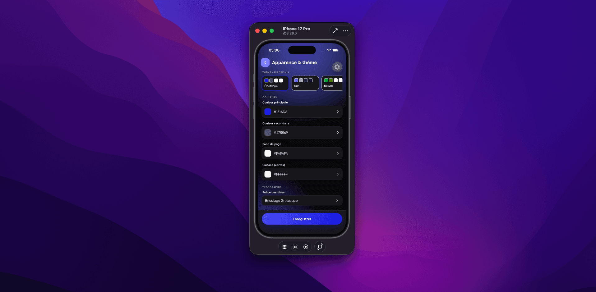 Menu Apparence app