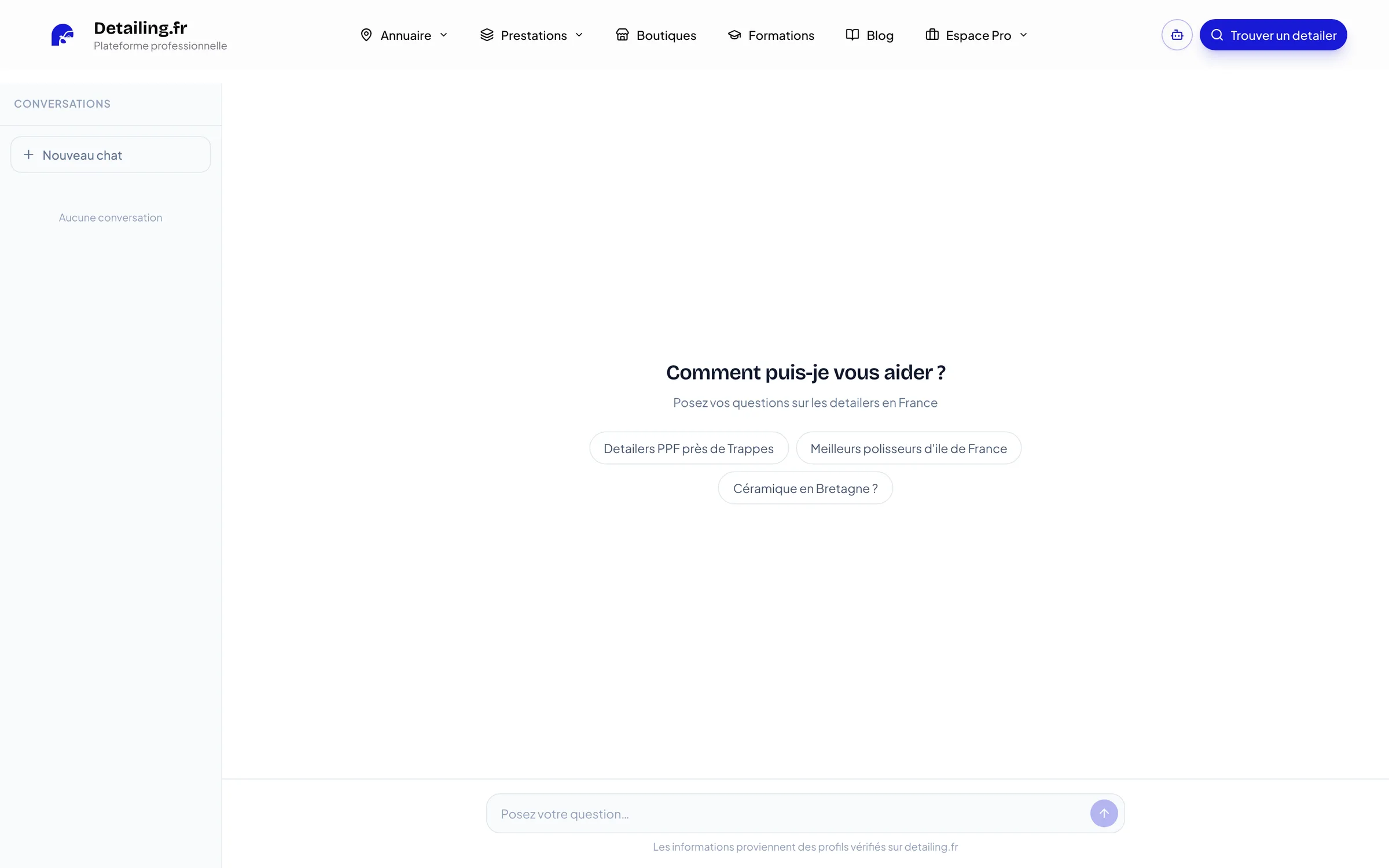 Assistant IA de Detailing.fr : « Comment puis-je vous aider ? » avec des suggestions de questions.