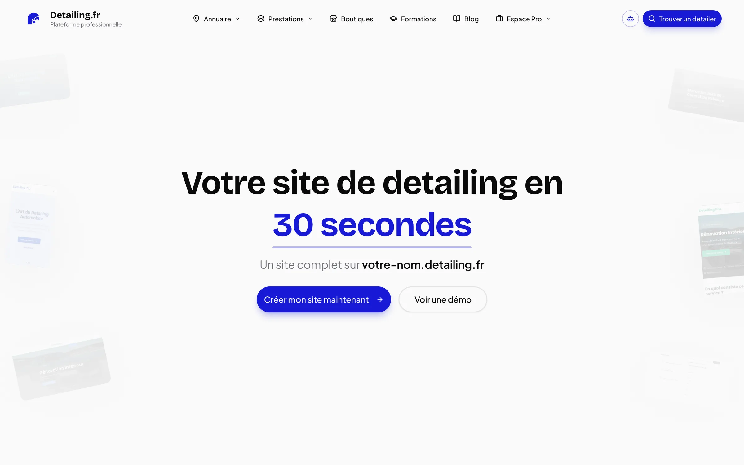 Page Espace Pro : « Votre site de detailing en 30 secondes », avec les boutons Créer mon site et Voir une démo.