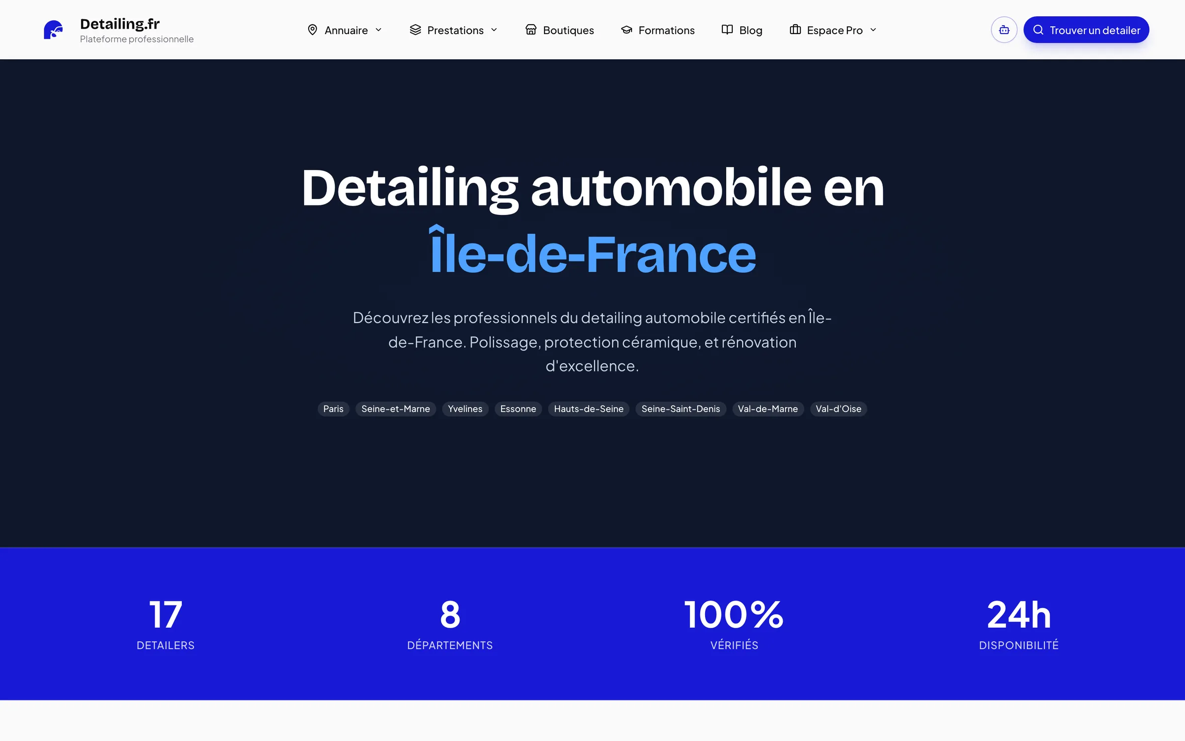 Page régionale « Detailing automobile en Île-de-France » : titre, liste des villes et bandeau de chiffres.