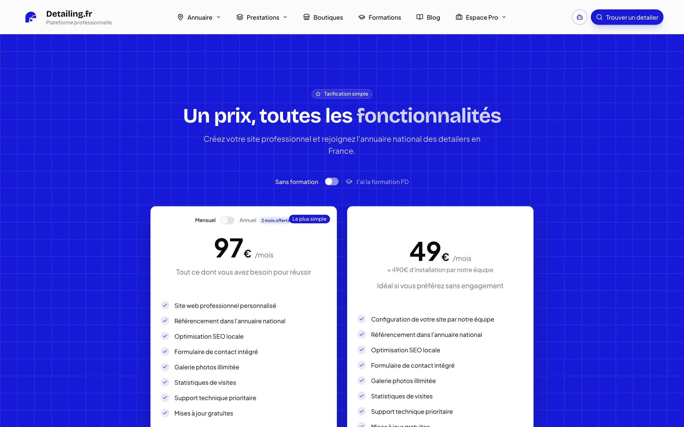 Page tarifs : « Un prix, toutes les fonctionnalités », deux formules mensuelles.
