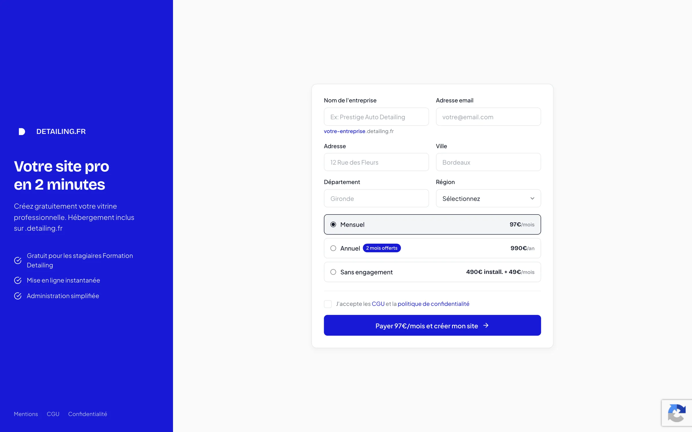Formulaire « Votre site pro en 2 minutes » : nom de l'entreprise, e-mail, adresse et choix de la formule.