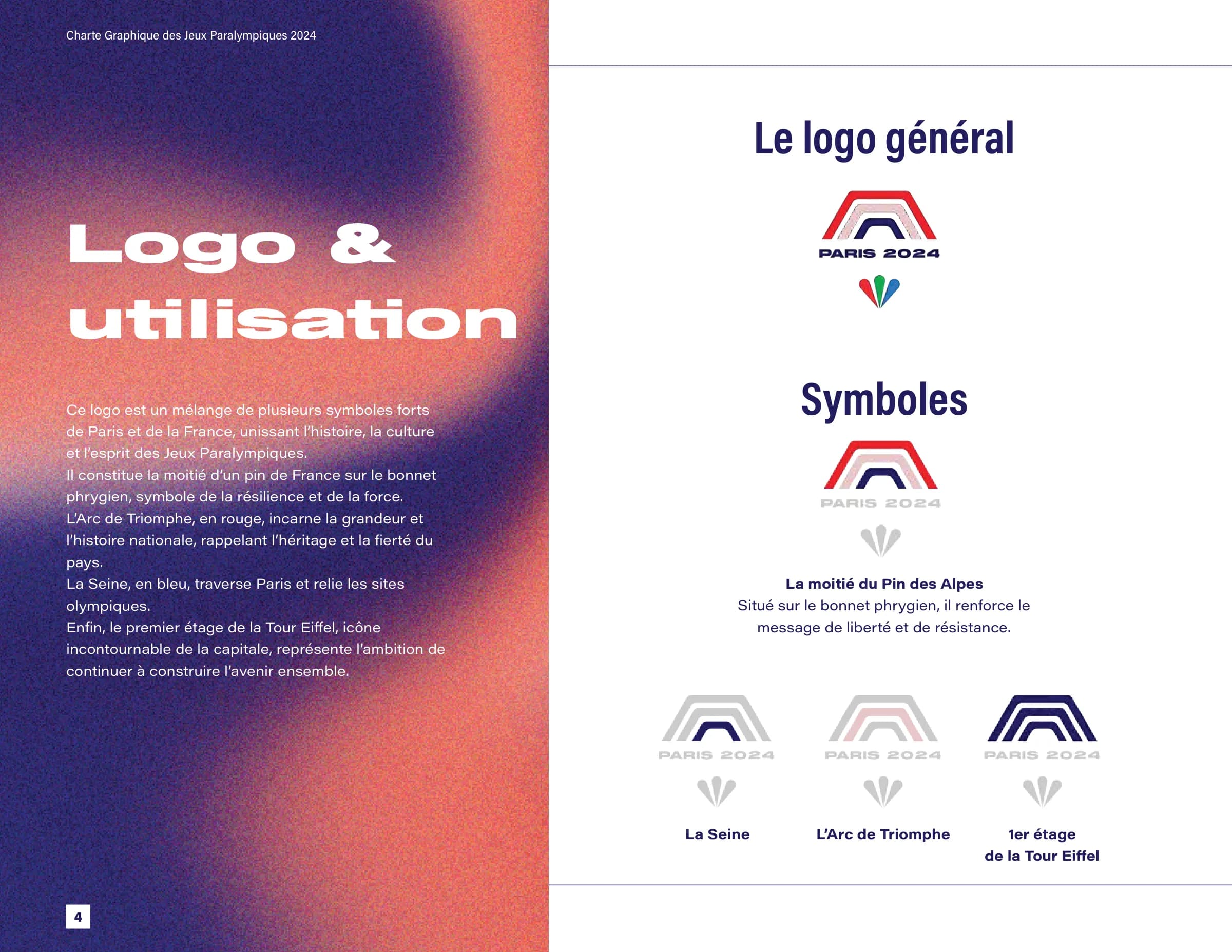Logo et utilisation : le symbole décomposé en la Seine, l'Arc de Triomphe, le premier étage de la tour Eiffel et la moitié du pin des Alpes.