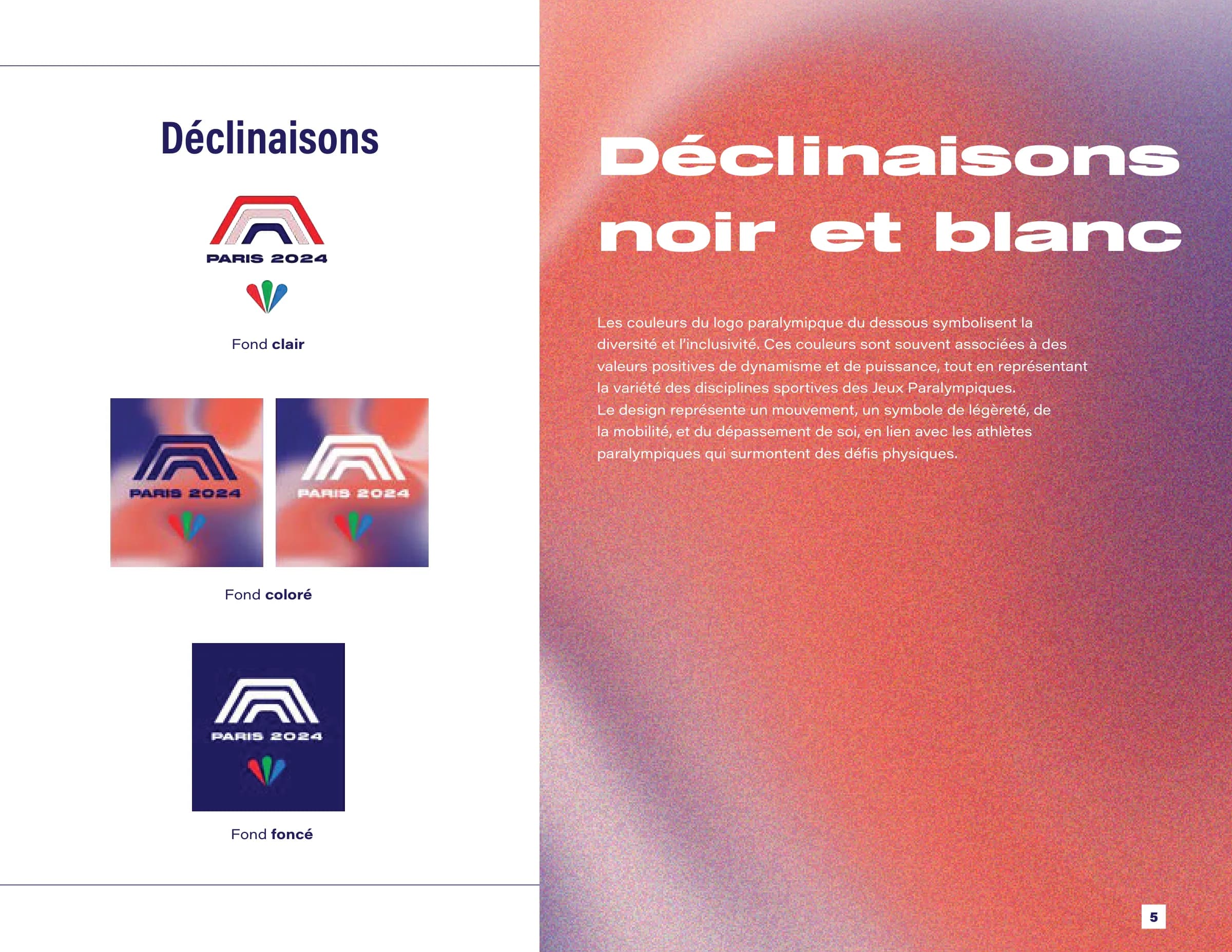 Déclinaisons du logo sur fond clair, fond coloré et fond foncé, et version noir et blanc.