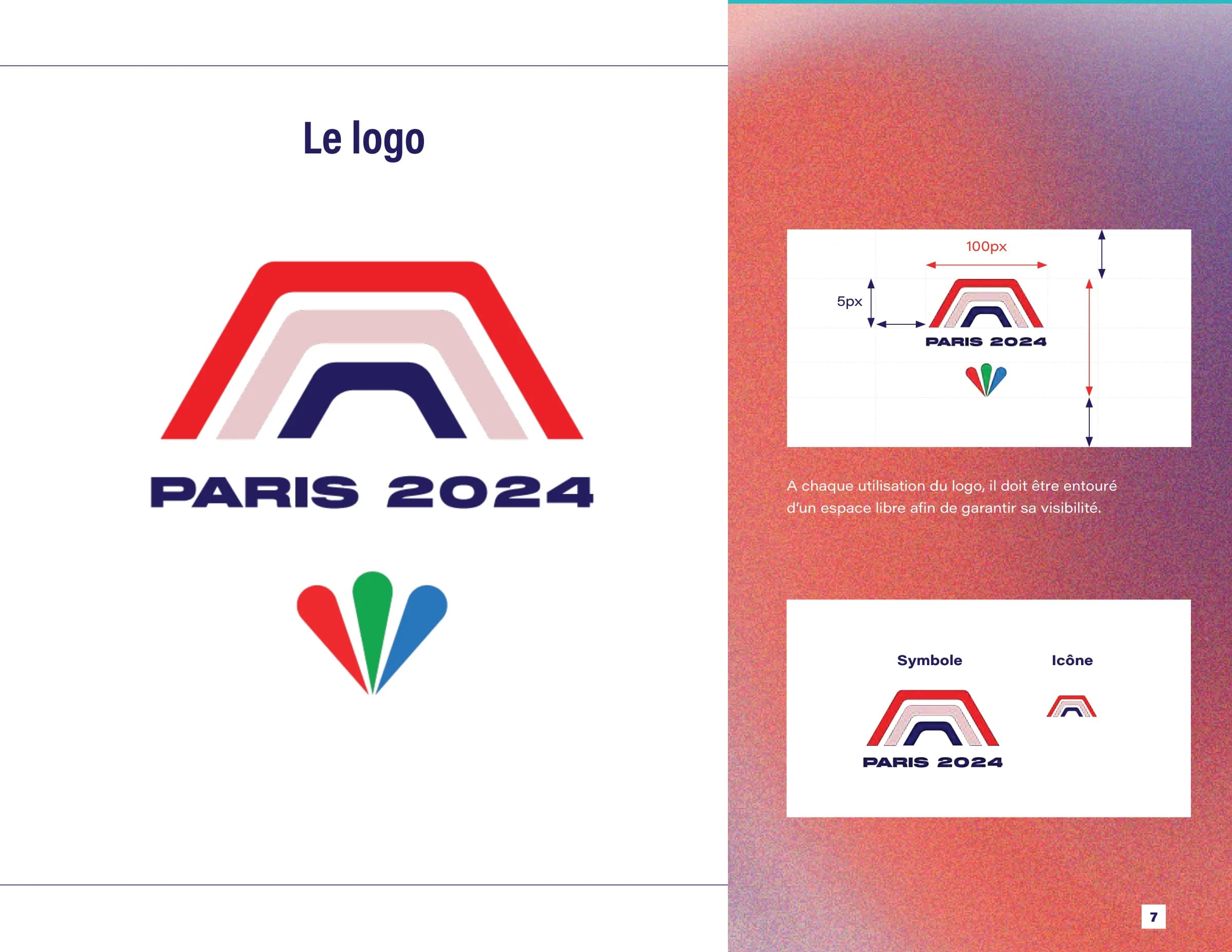 Le logo final Paris 2024 avec ses pétales colorés, sa zone de protection, et les versions symbole et icône.