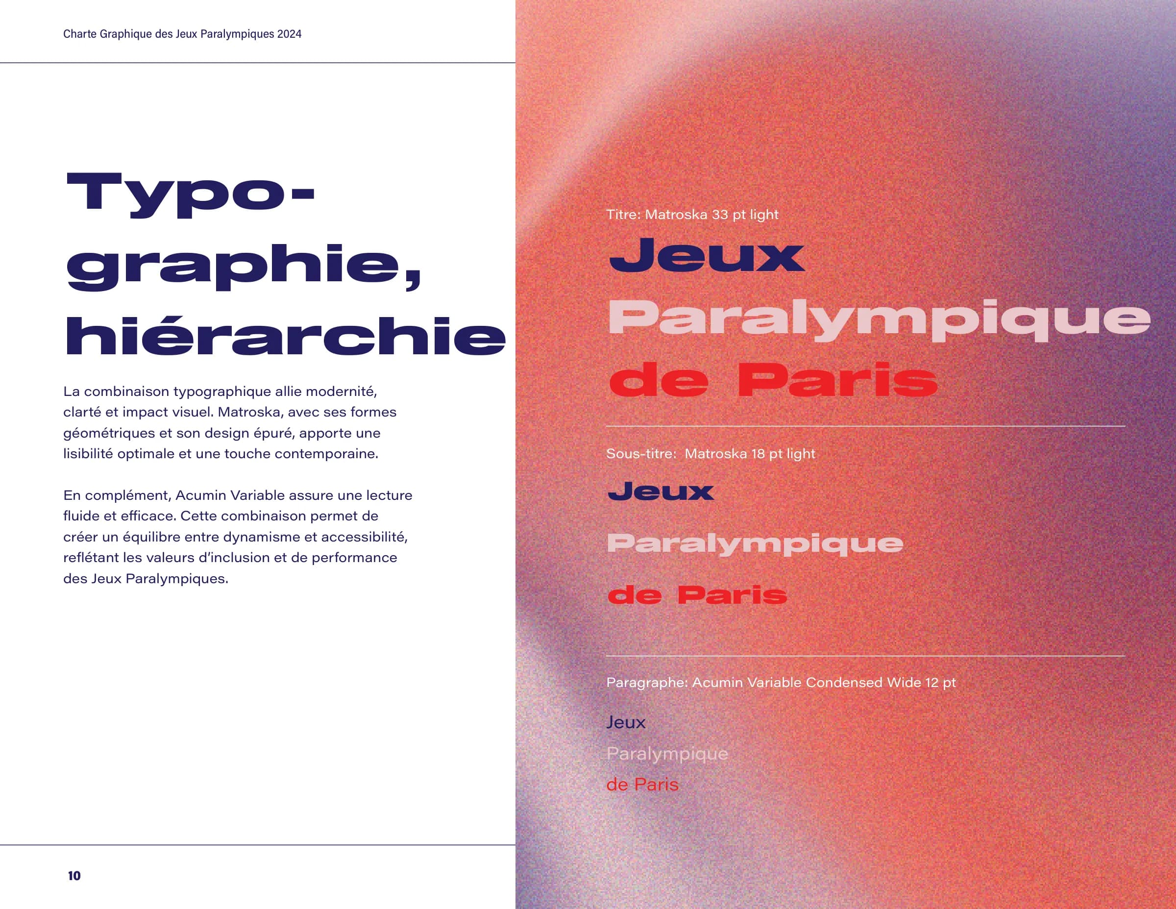 Hiérarchie typographique : titre en Matroska 33 pt light, sous-titre en 18 pt, paragraphe en Acumin.