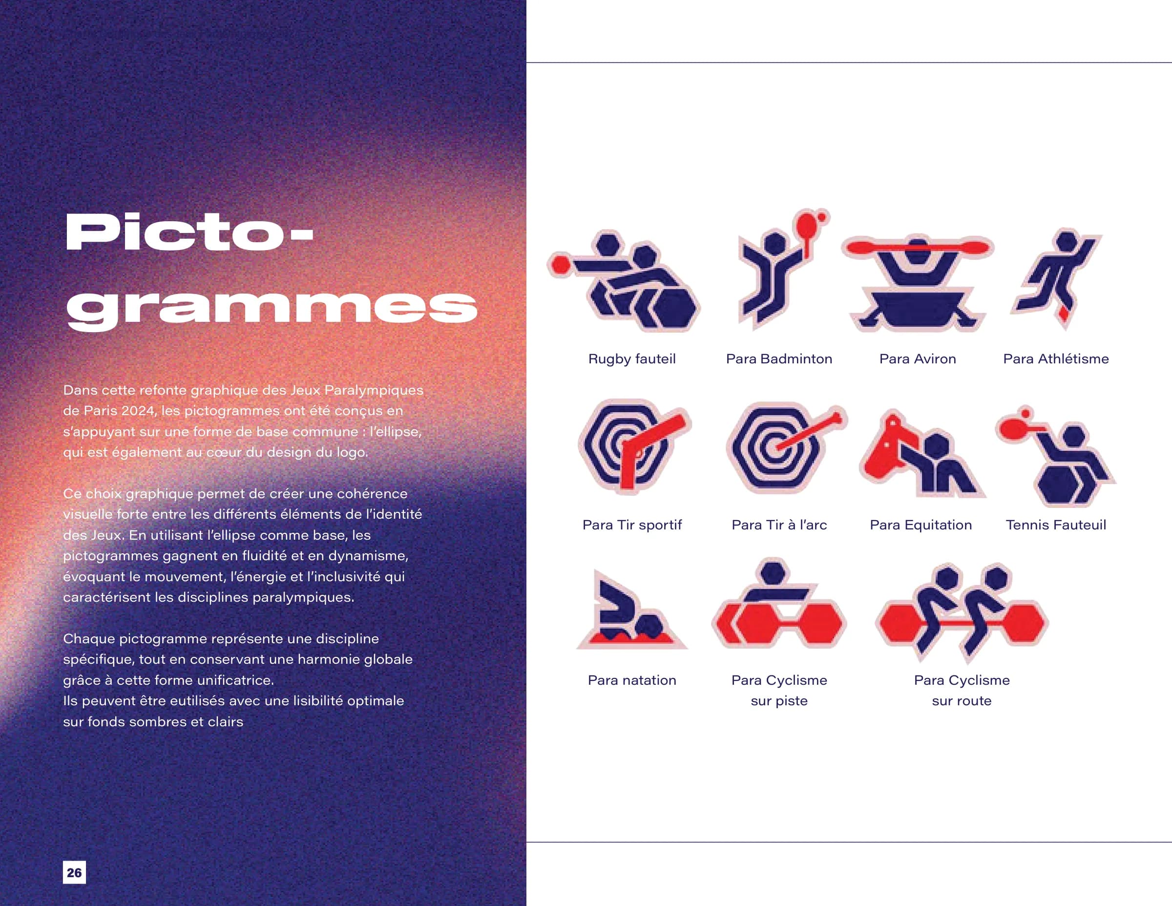 Onze pictogrammes de disciplines paralympiques construits sur des ellipses, en bleu et rouge.