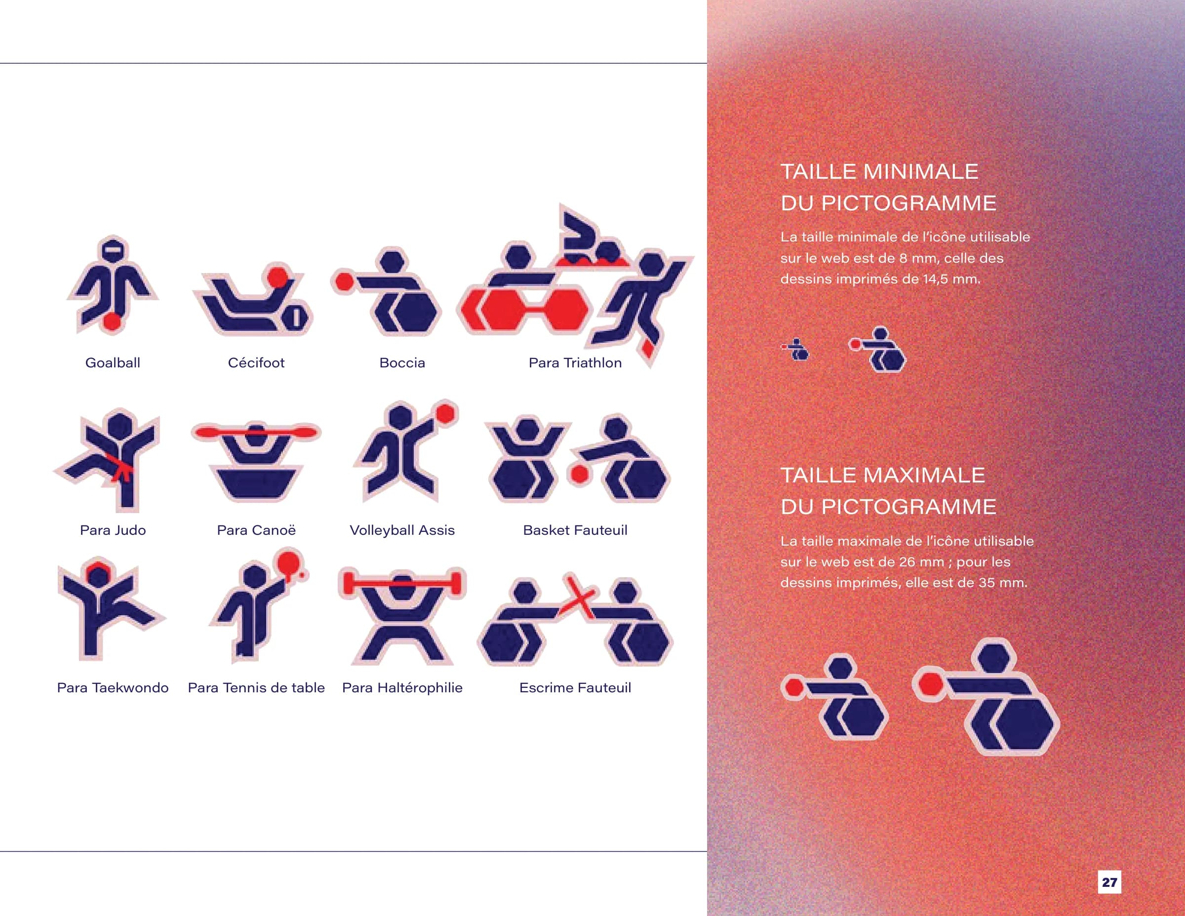 Douze autres pictogrammes, dont goalball, cécifoot et boccia, avec leurs tailles minimale et maximale.