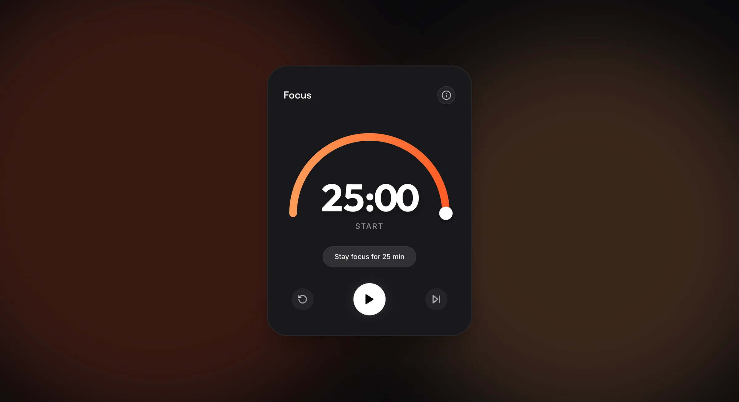 Minuteur Pomodoro affichant 25:00 dans un cercle orange, sur fond sombre.